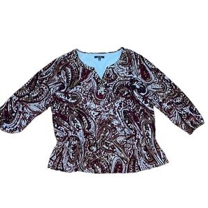 Rafaella women’s paisley print peplum peasant style top with split jeweled neck